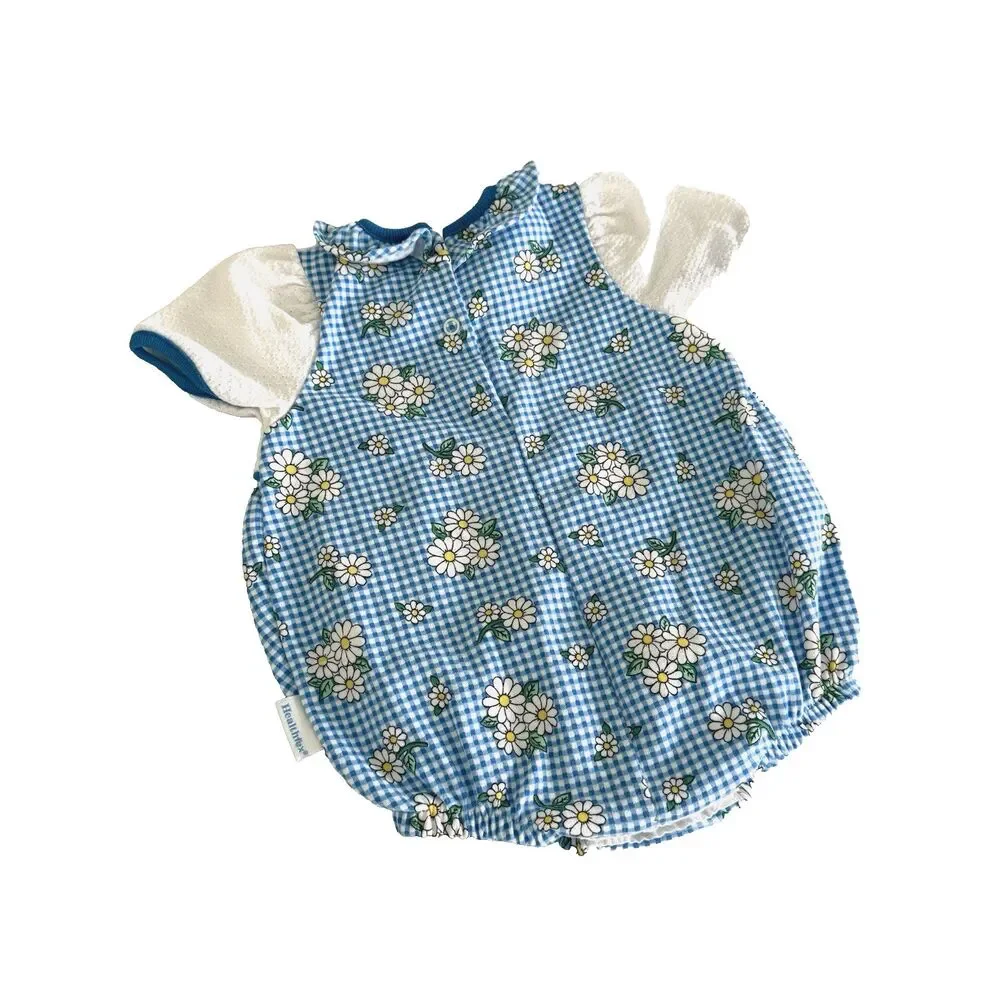 Vtg 90s Healthtex Baby Girls 6-9M Bubble Romper Daisy Flower Blue Gingham USA
